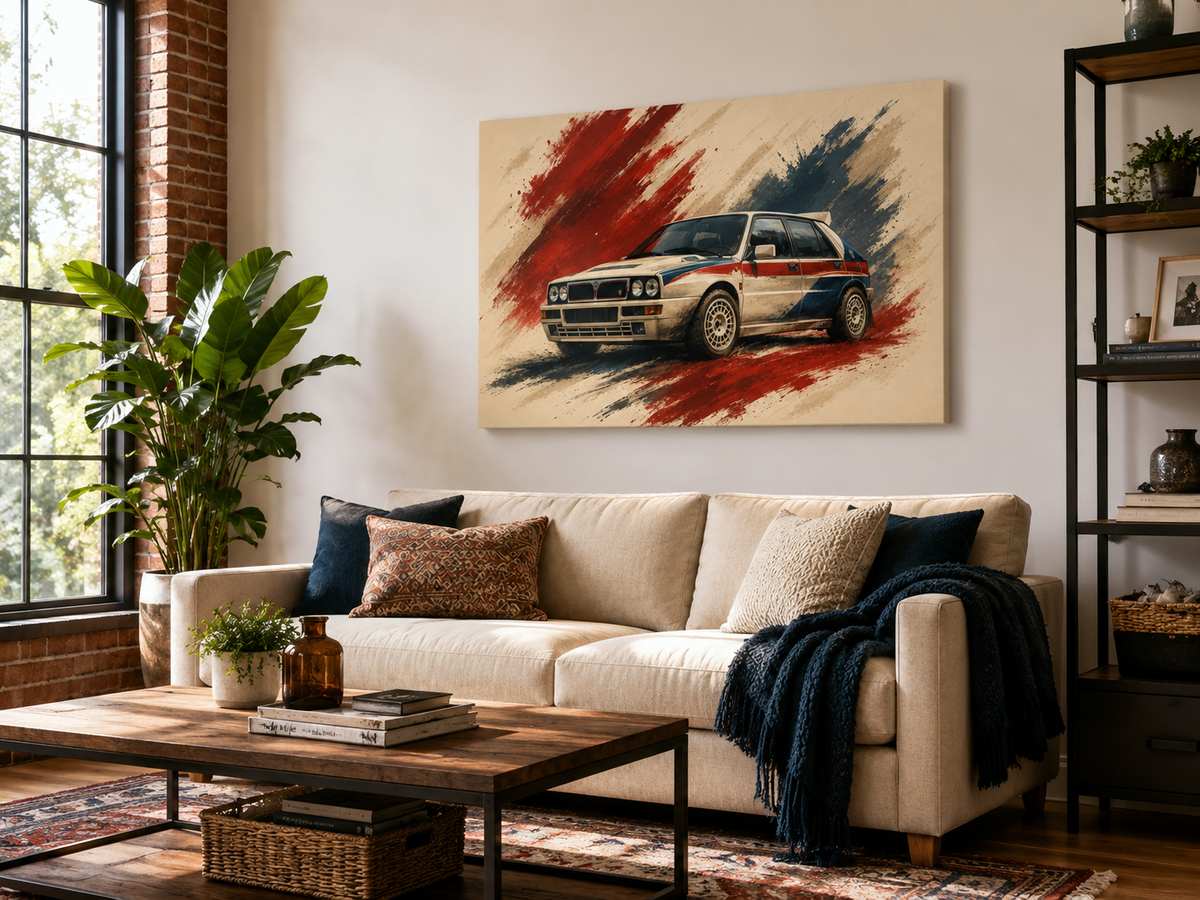 Rally Legacy illustrated classic rally hatch wall art in an industrial loft living room