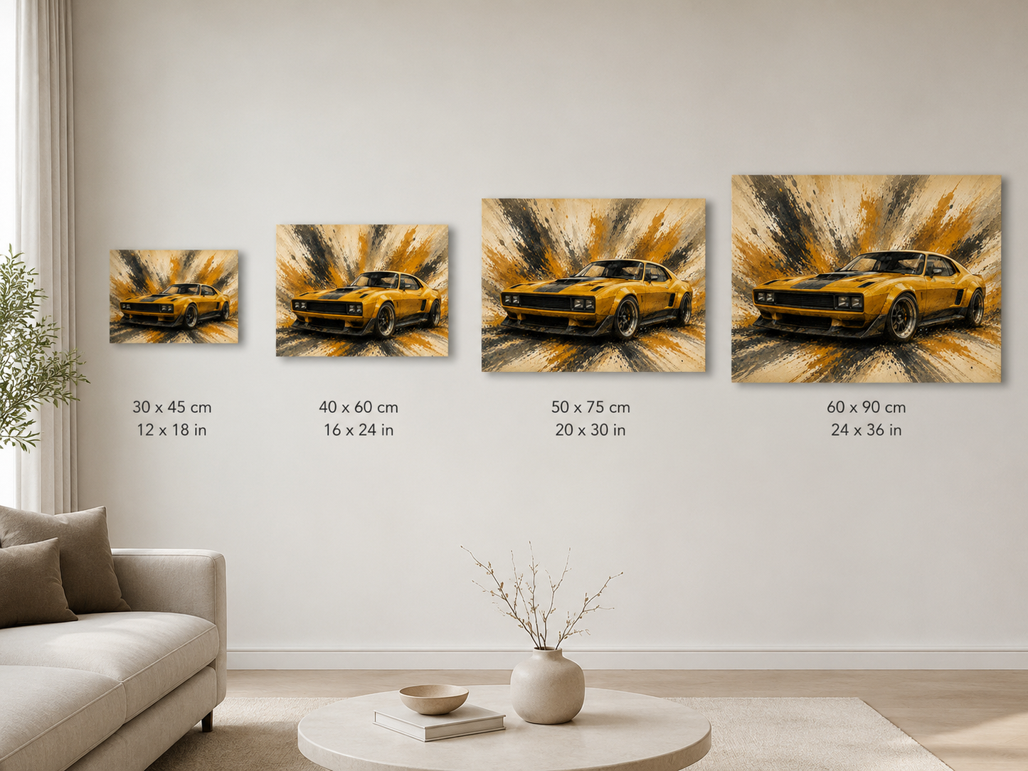 Mustard Motion canvas size comparison in 30x45 40x60 50x75 and 60x90 cm