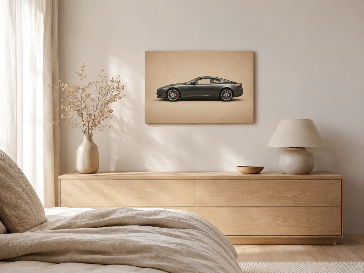 Graphite Grand Tour minimalist car canvas displayed in a calm neutral bedroom