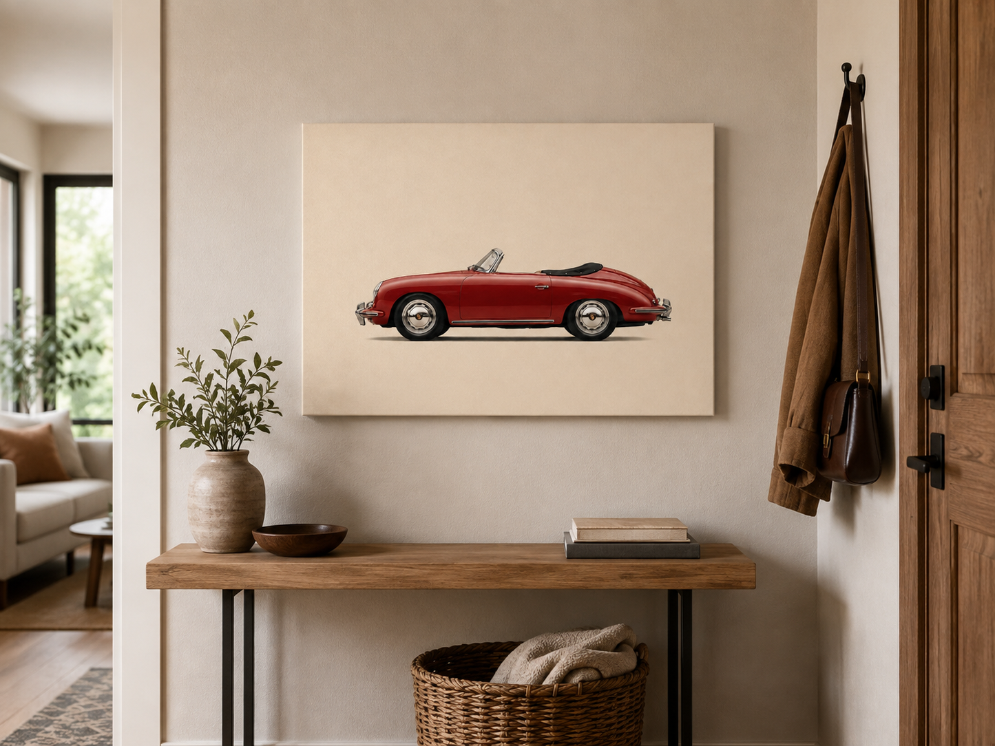 Crimson Roadster minimalist classic car canvas above a wooden console in a casual entryway