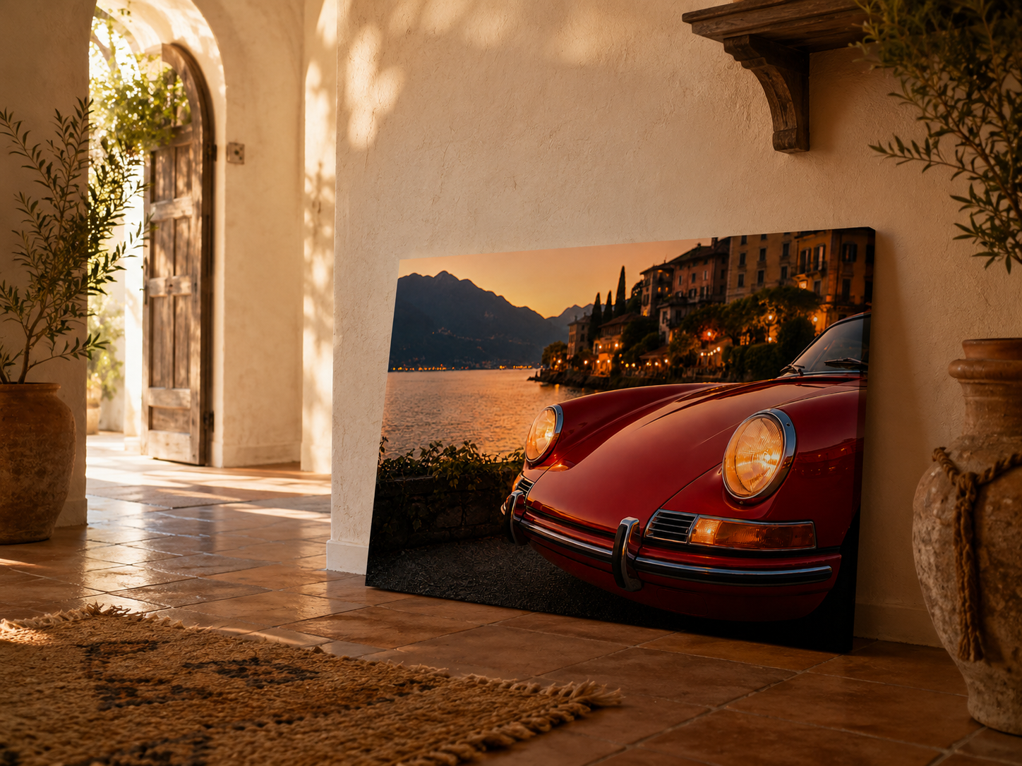 Red classic car lakeside canvas leaning against the wall in a sunlit Mediterranean interior