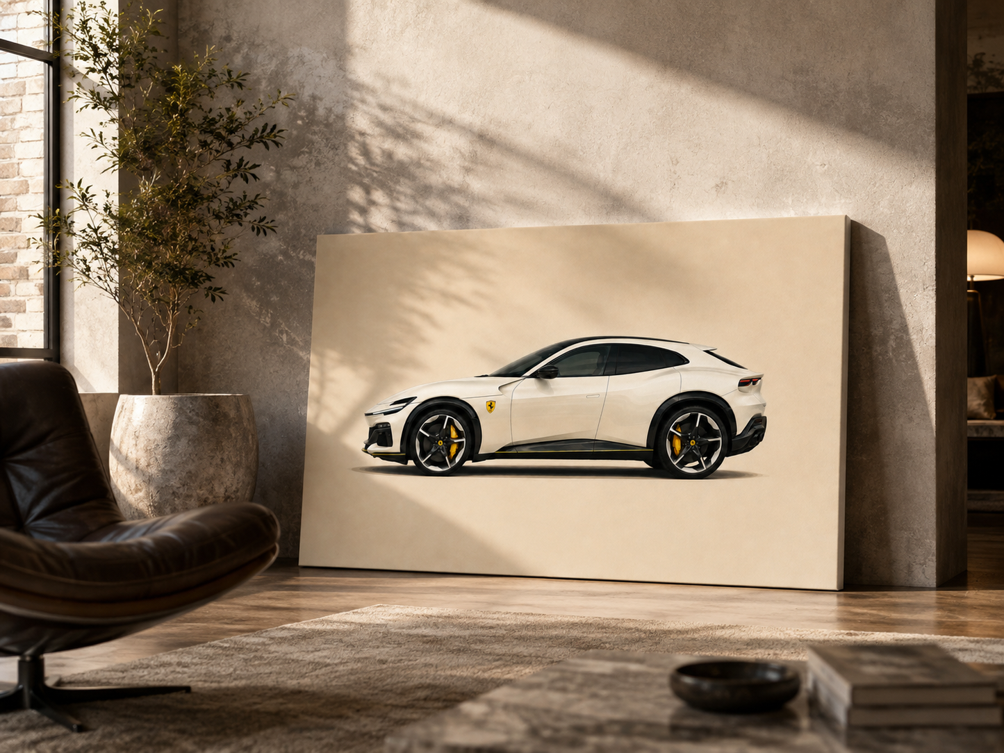Ivory V12 minimalist white performance SUV canvas wall art leaning in a warm modern living room