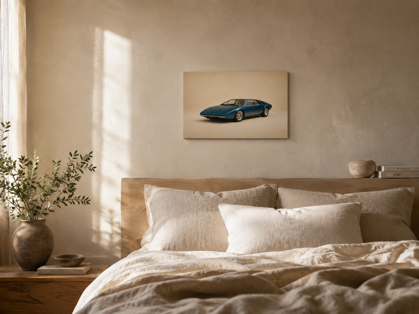 Blue Meridian minimalist retro coupe canvas displayed in a warm neutral bedroom