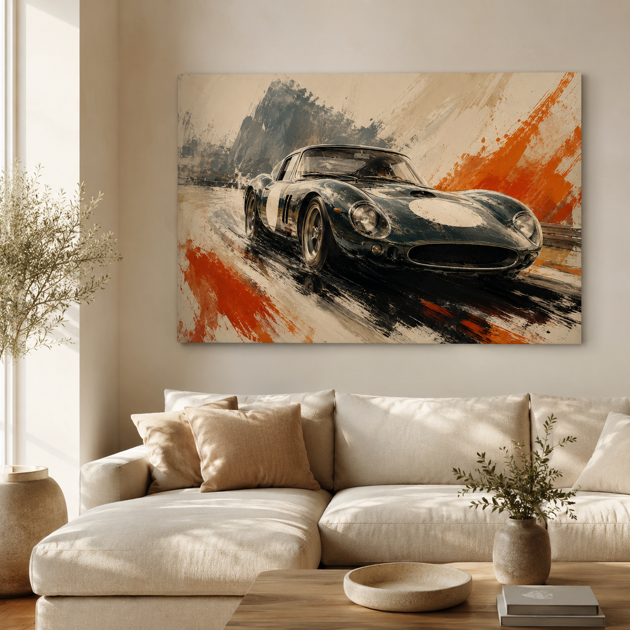 Illustrated classic racing car canvas displayed above a modern neutral sofa