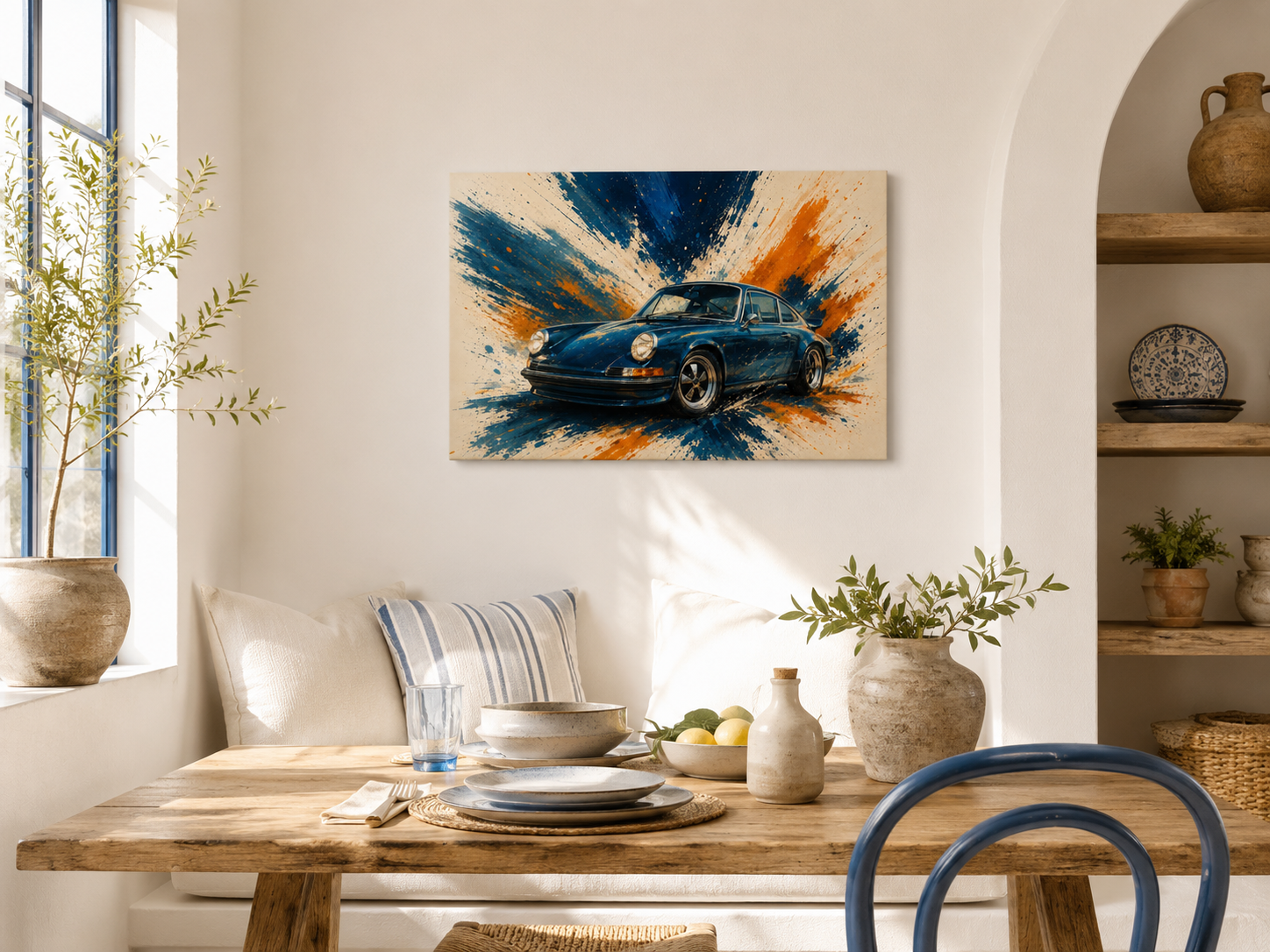 Blue Velocity illustrated classic car canvas displayed in a bright Mediterranean dining space