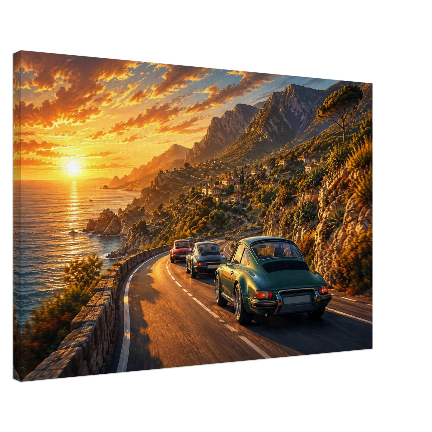 Side view of Golden Coast Run cinematic coastal car canvas showing gallery wrapped depth