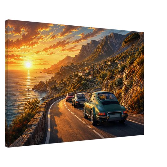 Side view of Golden Coast Run cinematic coastal car canvas showing gallery wrapped depth