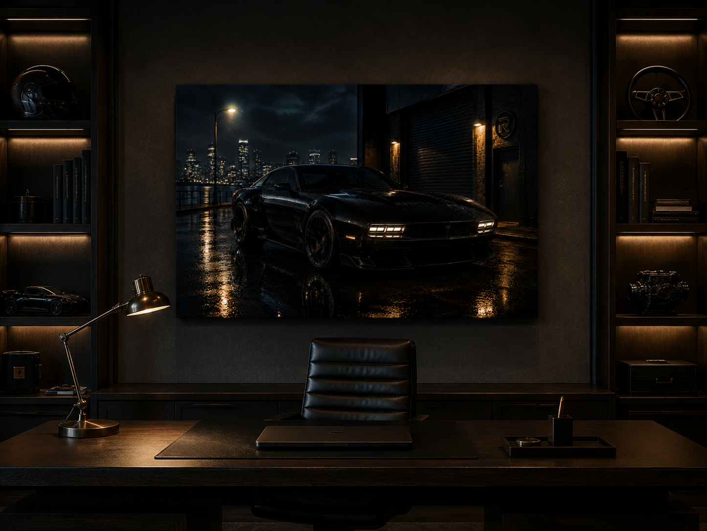 Nightfall Circuit cinematic automotive canvas displayed in a dark luxury home office