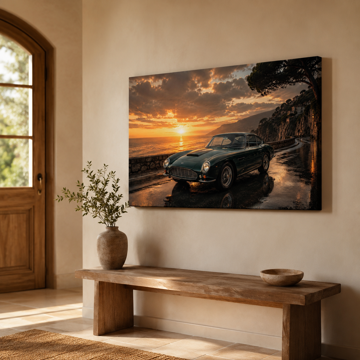 Classic automotive canvas wall art above a wooden hallway bench