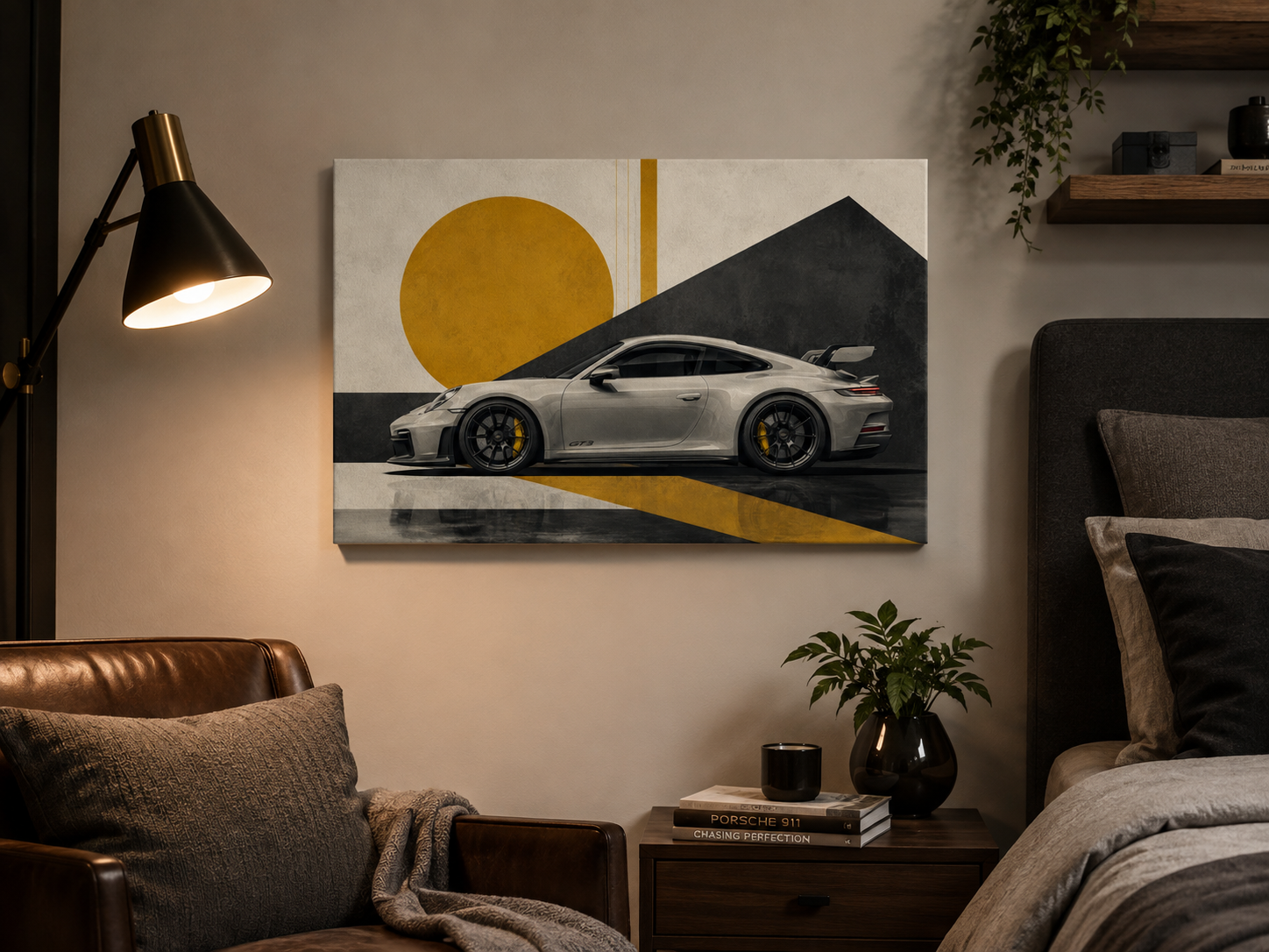Golden Apex performance car wall art displayed in a cozy contemporary reading space