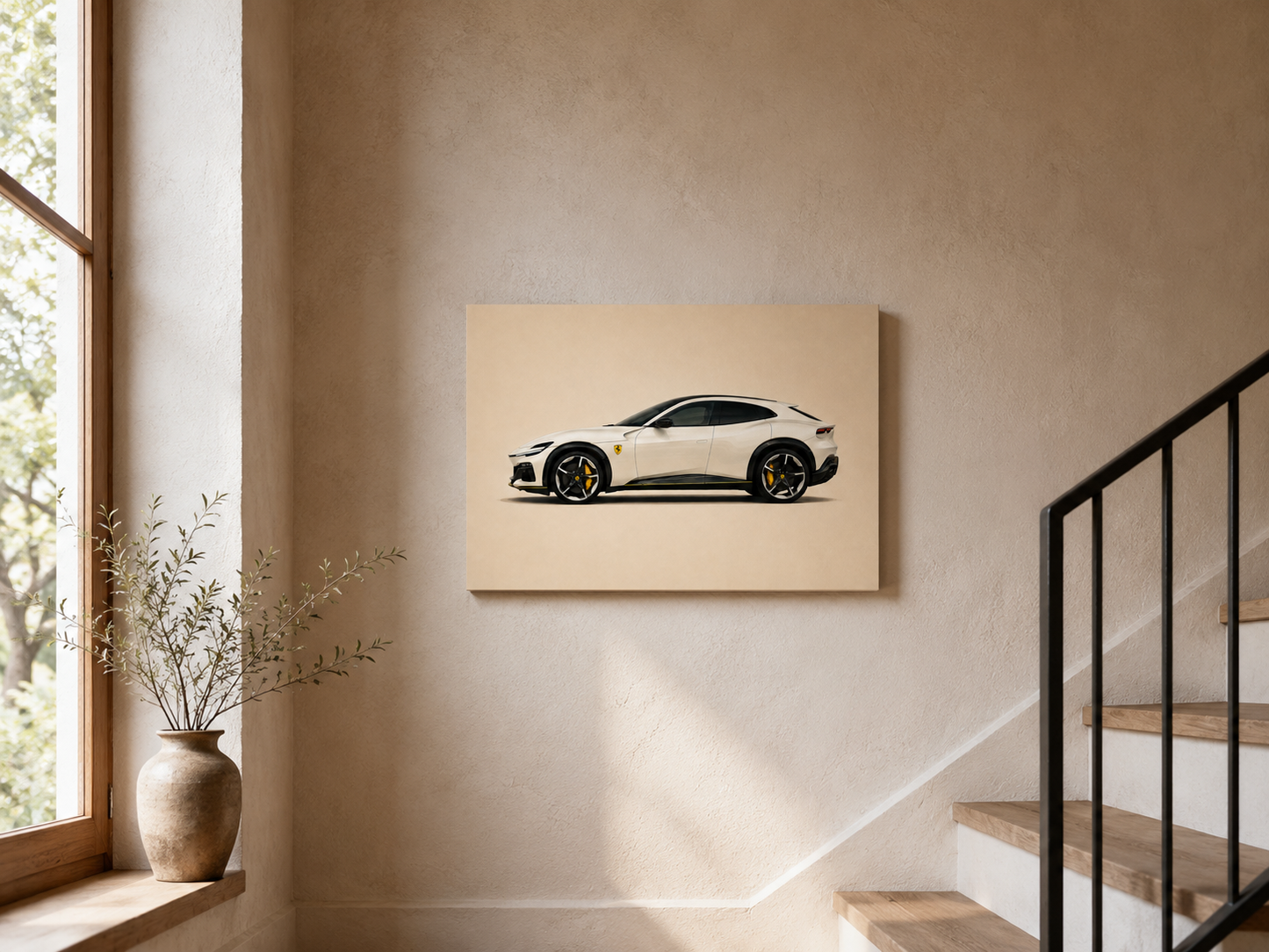 Ivory V12 automotive canvas wall art featuring a white performance SUV in a minimalist stairway interior