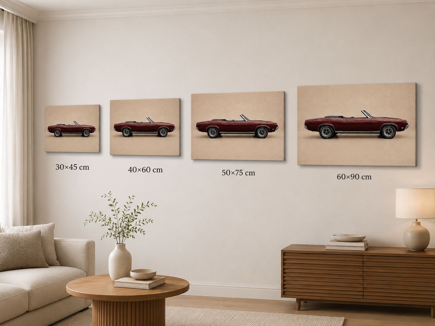 Burgundy Open Road canvas size comparison in 30x45 40x60 50x75 and 60x90 cm