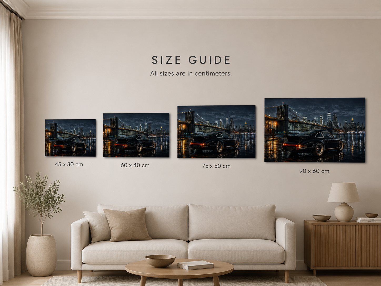 Midnight Borough canvas size comparison in 30x45 40x60 50x75 and 60x90 cm