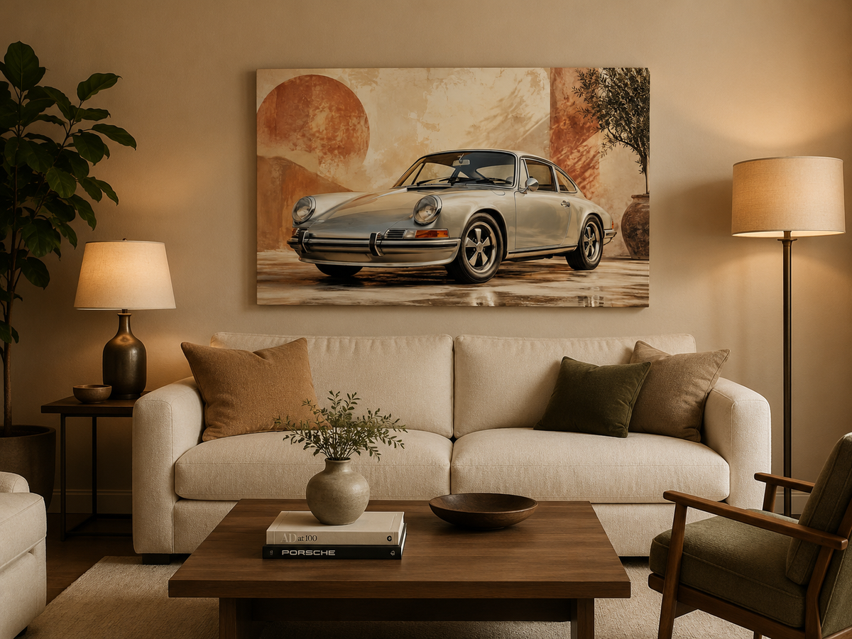 Terracotta 911 classic sports car wall art above a cream sofa in a warm contemporary living room