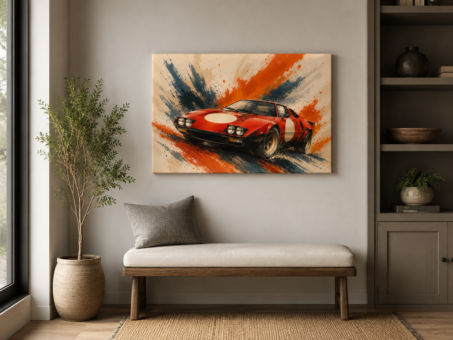 Red Velocity illustrated sports car canvas displayed in a contemporary reading nook