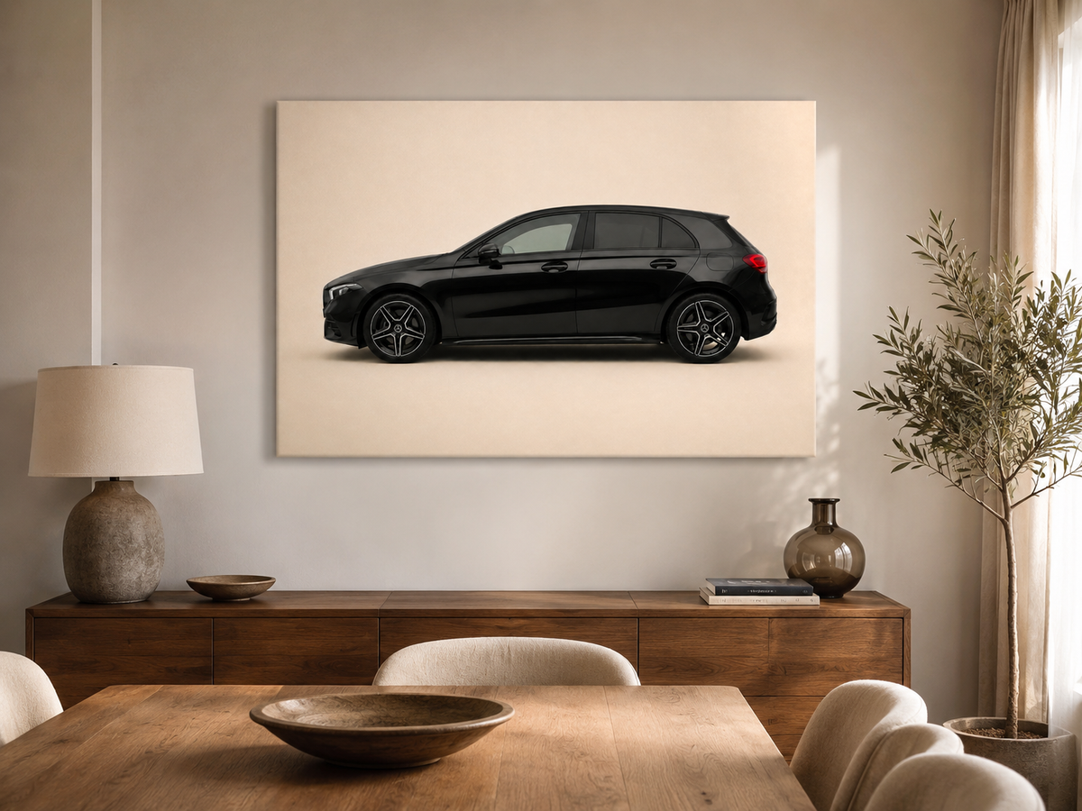 Blackline A minimalist black hatchback canvas displayed above a wooden sideboard in a bright dining room