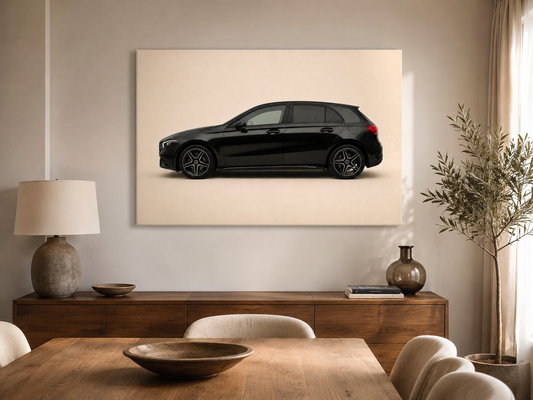 Blackline A minimalist black hatchback canvas displayed above a wooden sideboard in a bright dining room