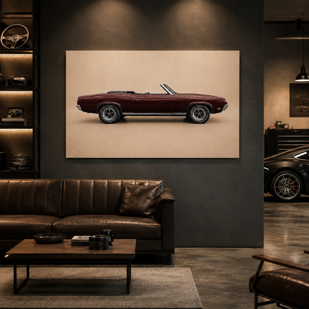 Burgundy Open Road automotive canvas displayed in a dark luxury garage lounge