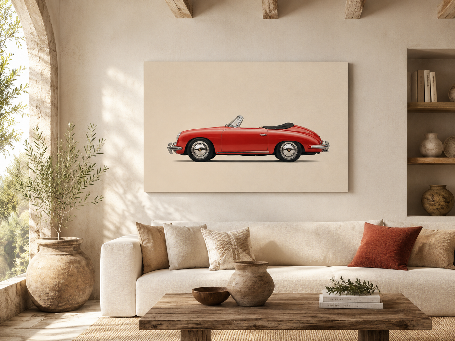 Red classic roadster canvas wall art displayed above a neutral contemporary sofa