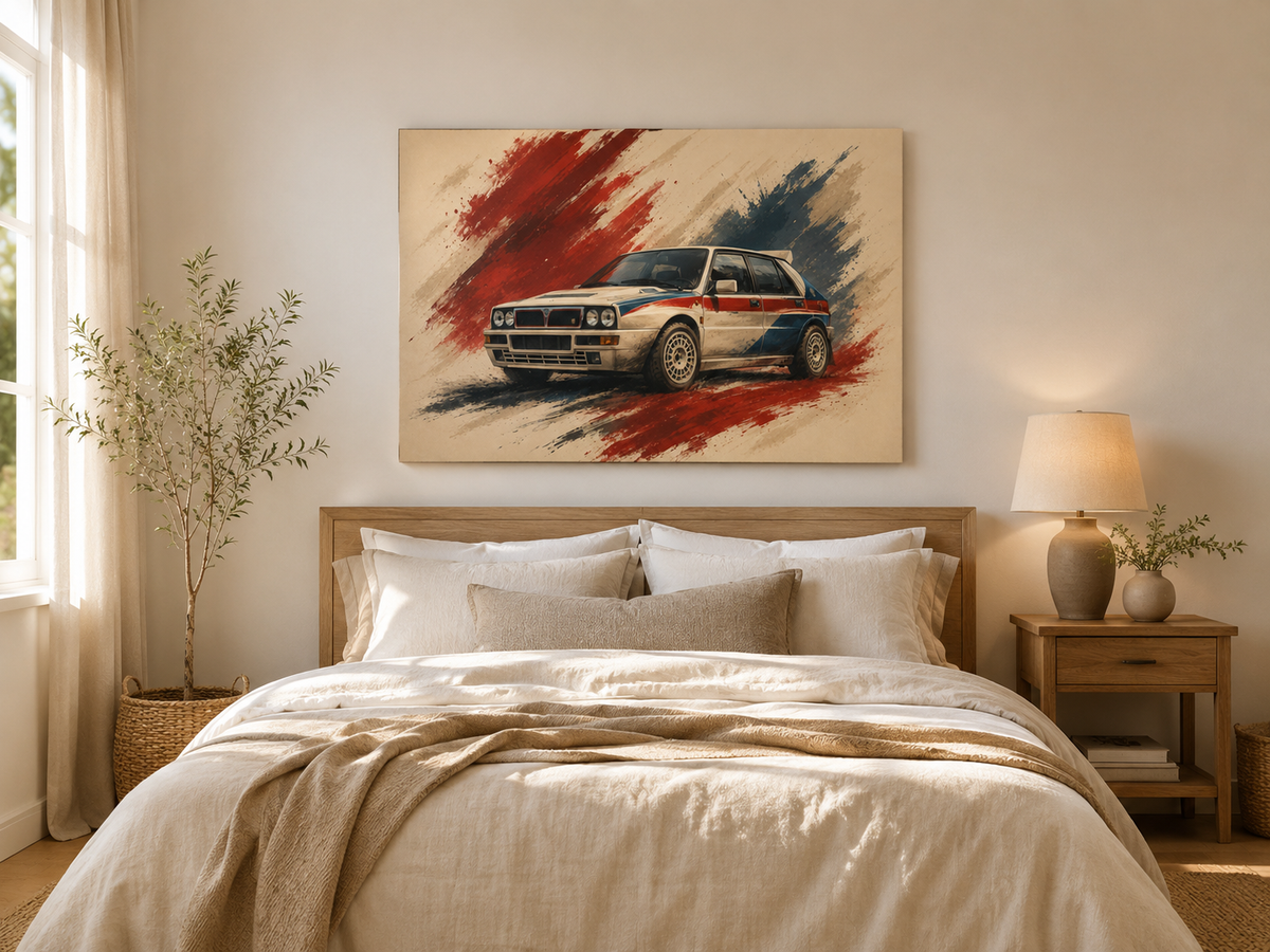 Rally Legacy illustrated motorsport canvas displayed above a bed in a bright neutral bedroom
