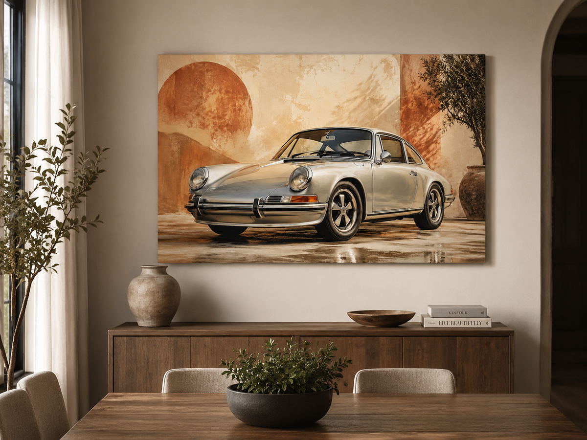 Terracotta 911 classic automotive wall art above a leather armchair in a warm reading room