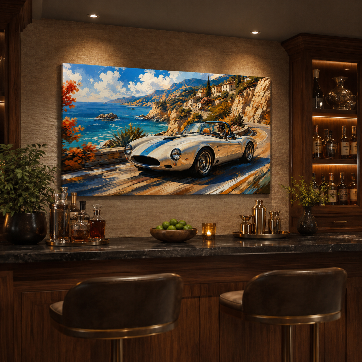 Azure Coast illustrated roadster canvas displayed in an elegant home bar