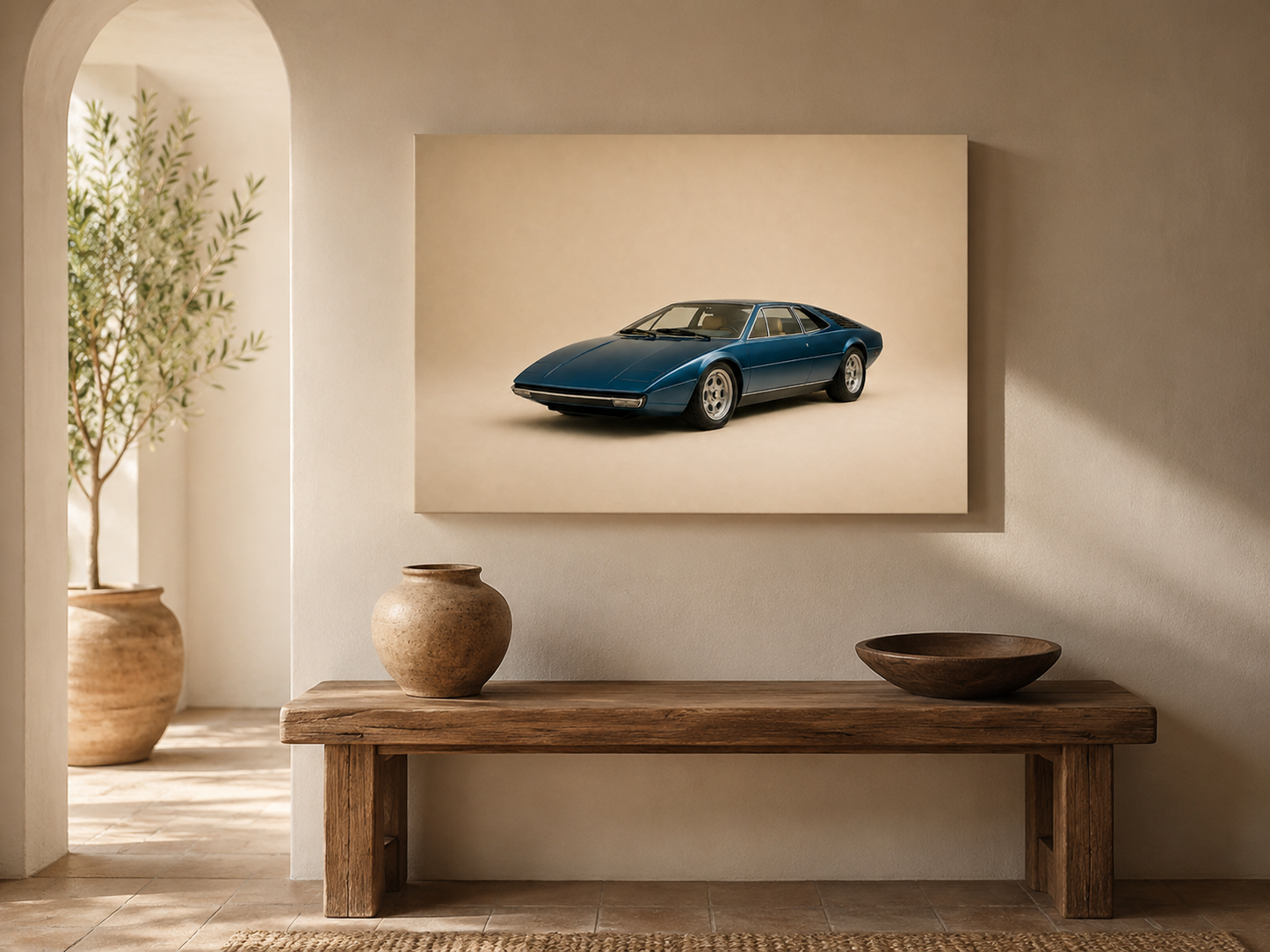 Blue Meridian minimalist car canvas displayed above a rustic entryway bench