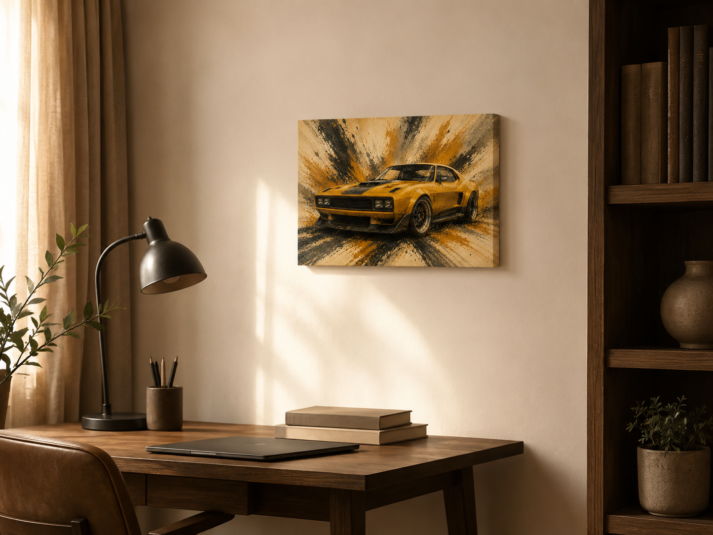 Small Mustard Motion illustrated car canvas displayed above a warm home office desk