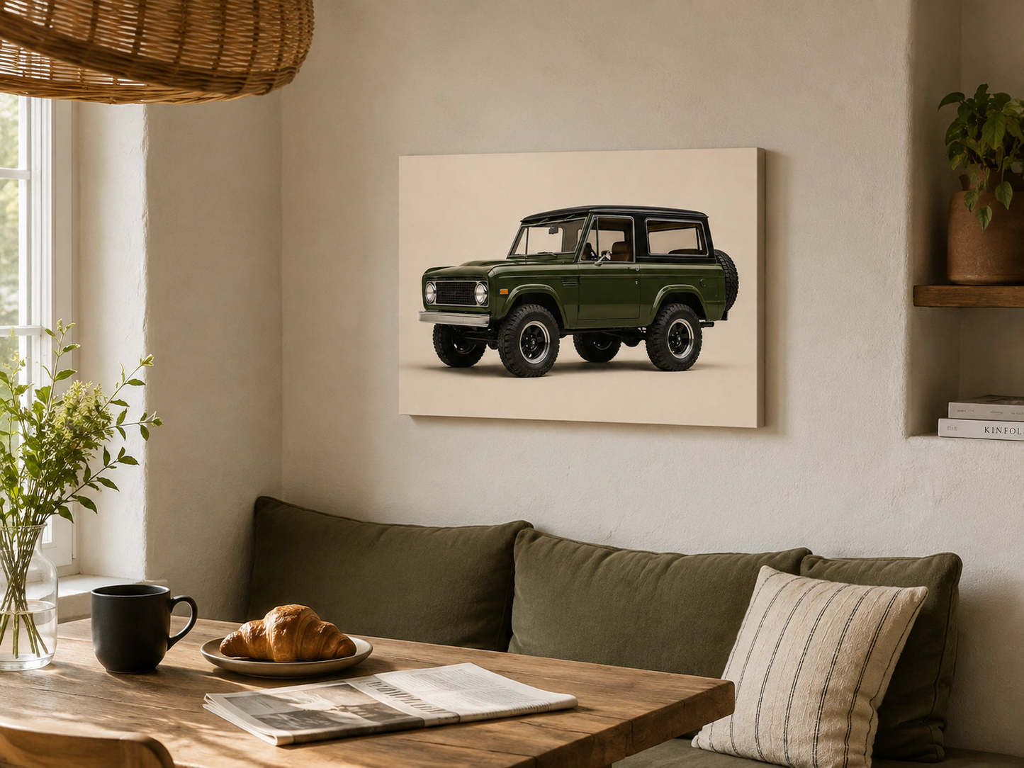 Olive Trail olive green 4x4 canvas displayed in a bright breakfast nook