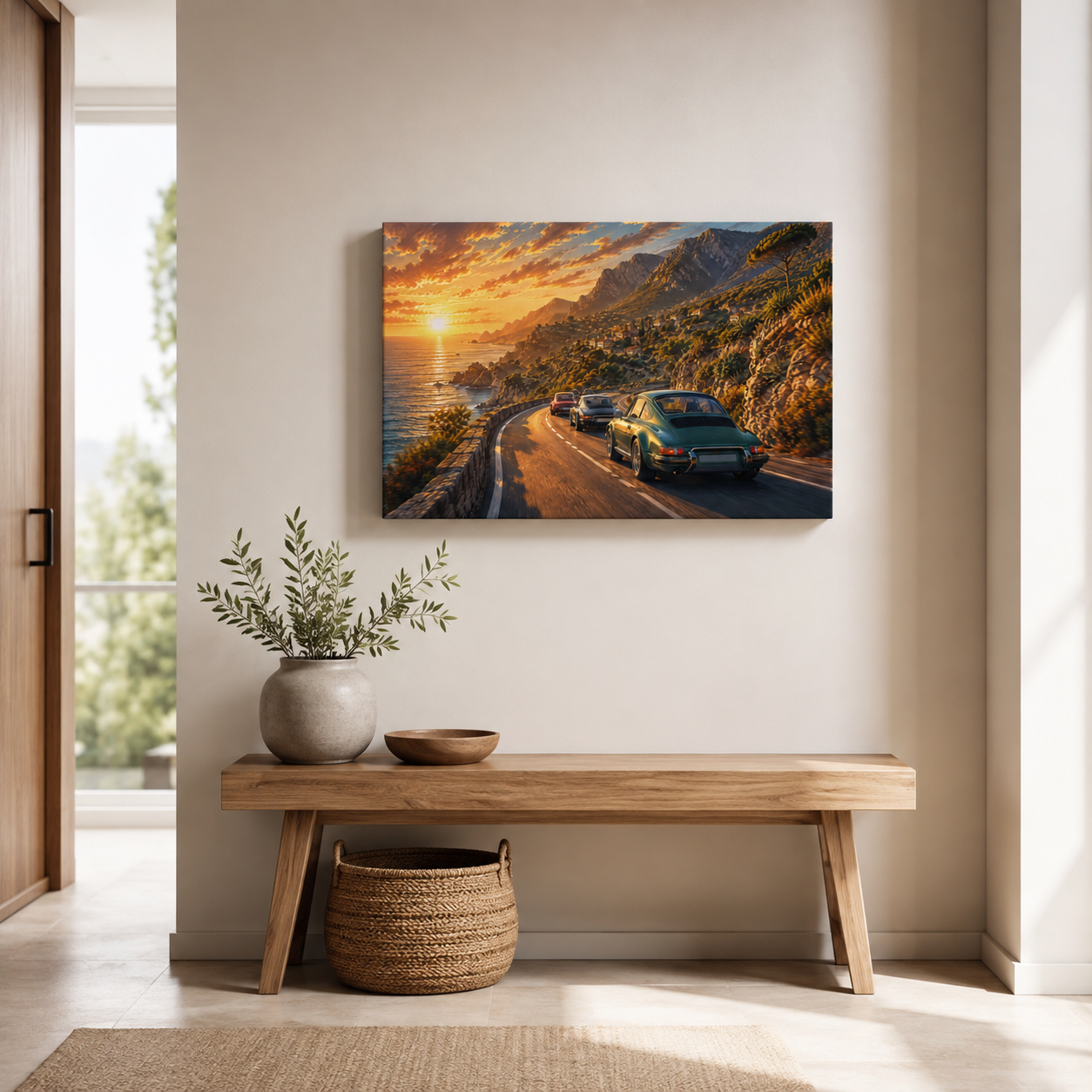 Golden Coast Run Mediterranean car convoy canvas displayed above a light wood entryway bench