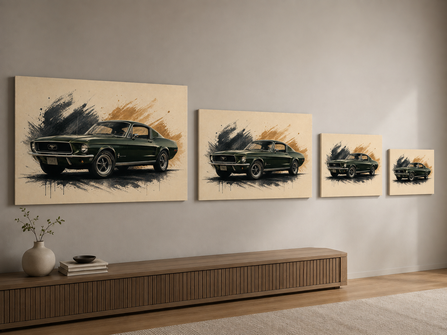 Hunter Fastback canvas size comparison showing four horizontal automotive wall art sizes