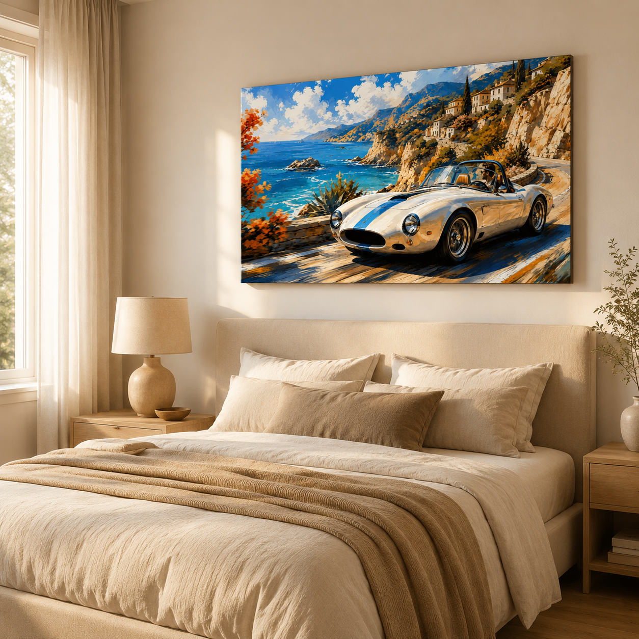 Azure Coast illustrated roadster canvas displayed in a calm neutral bedroom