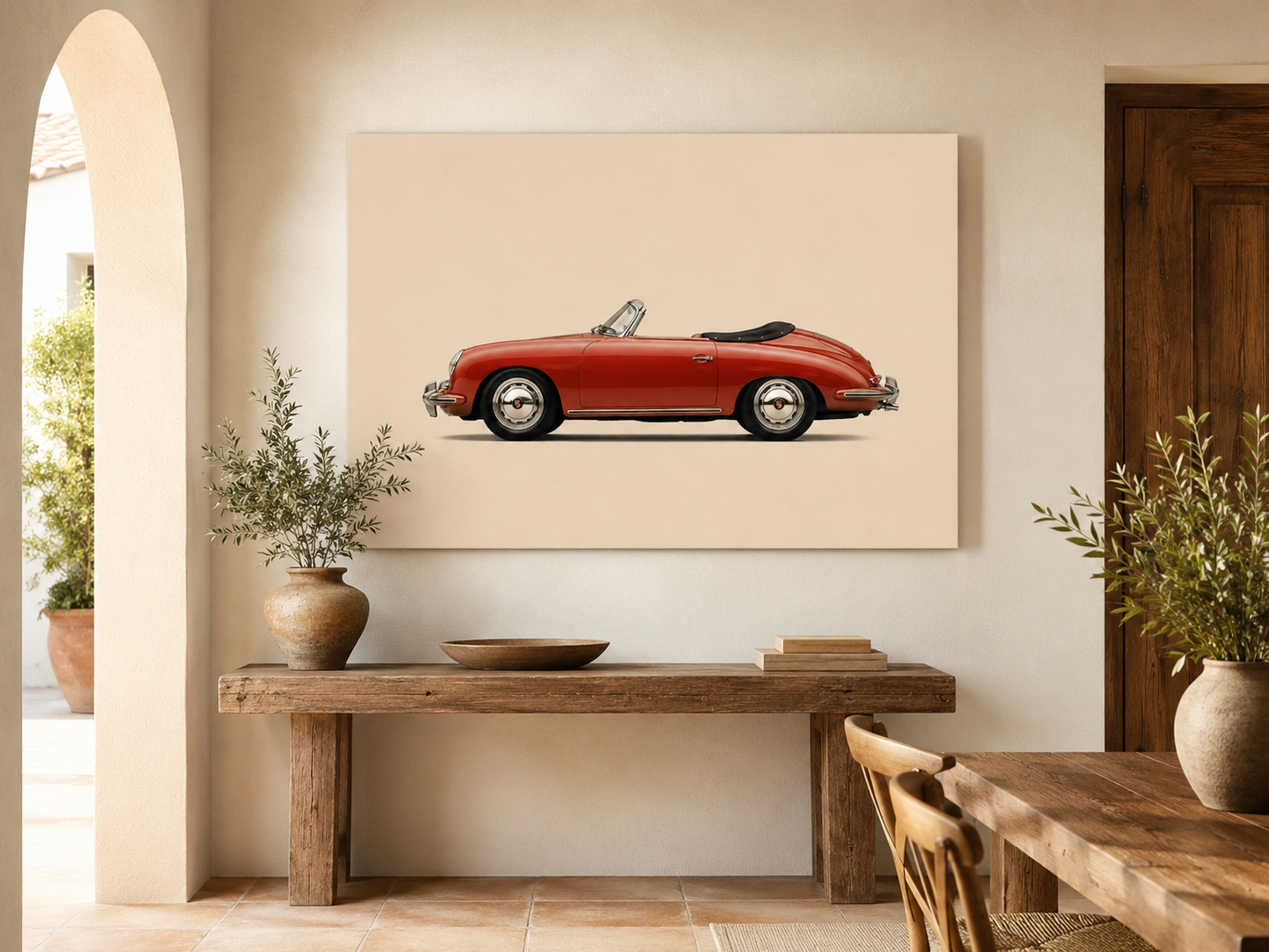Crimson Roadster minimalist automotive canvas in a warm dining and entryway interior