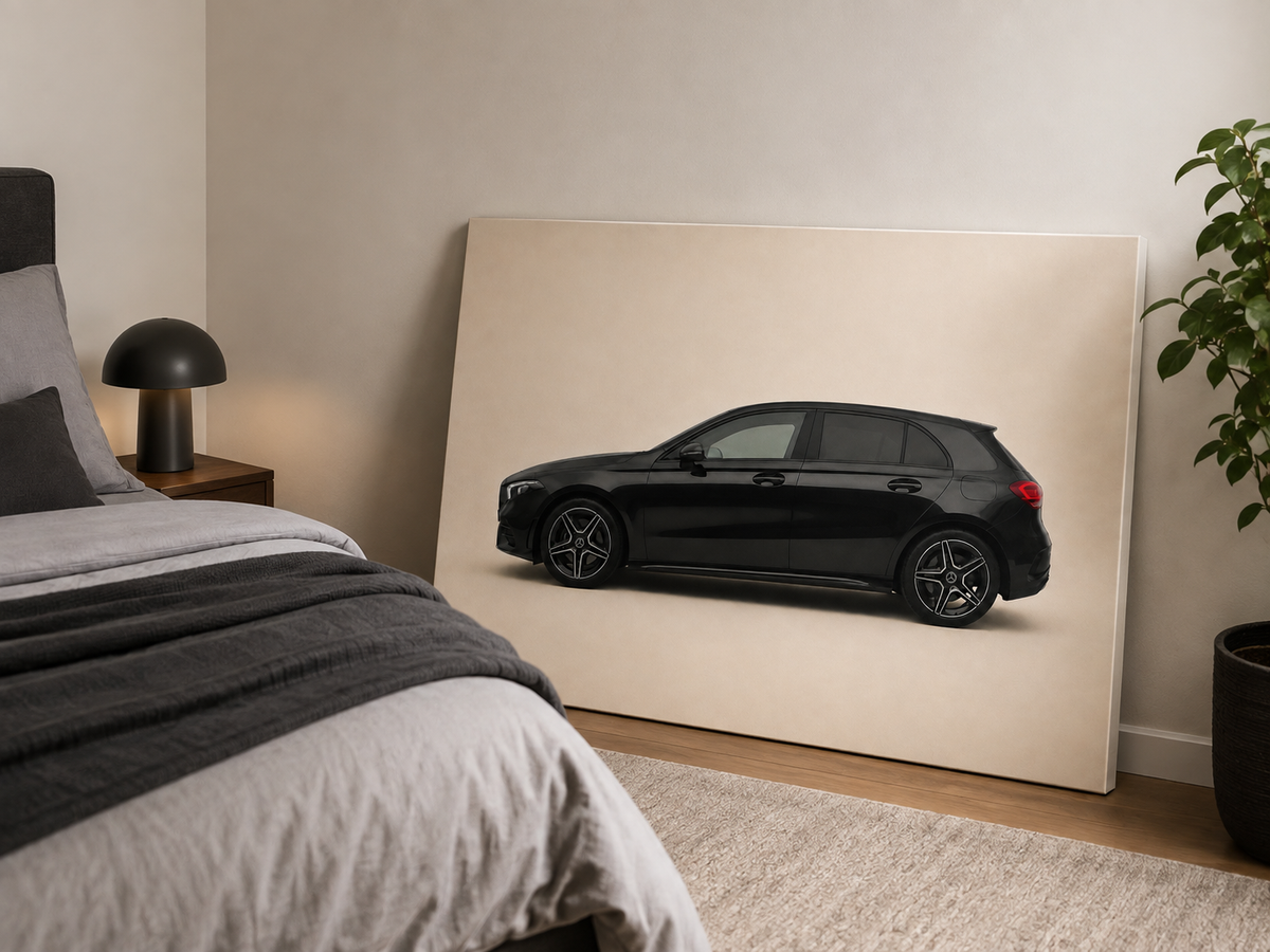 Blackline A black hatchback canvas leaning against the wall in a modern bedroom