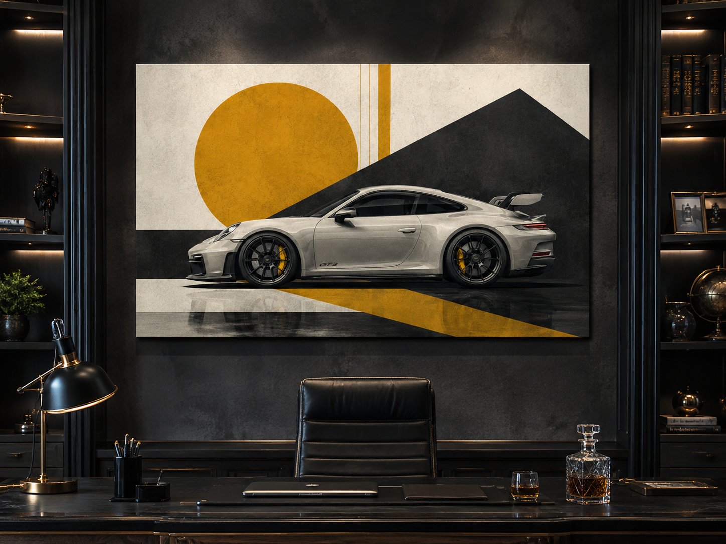 Golden Apex performance car art displayed in a sophisticated dark home office