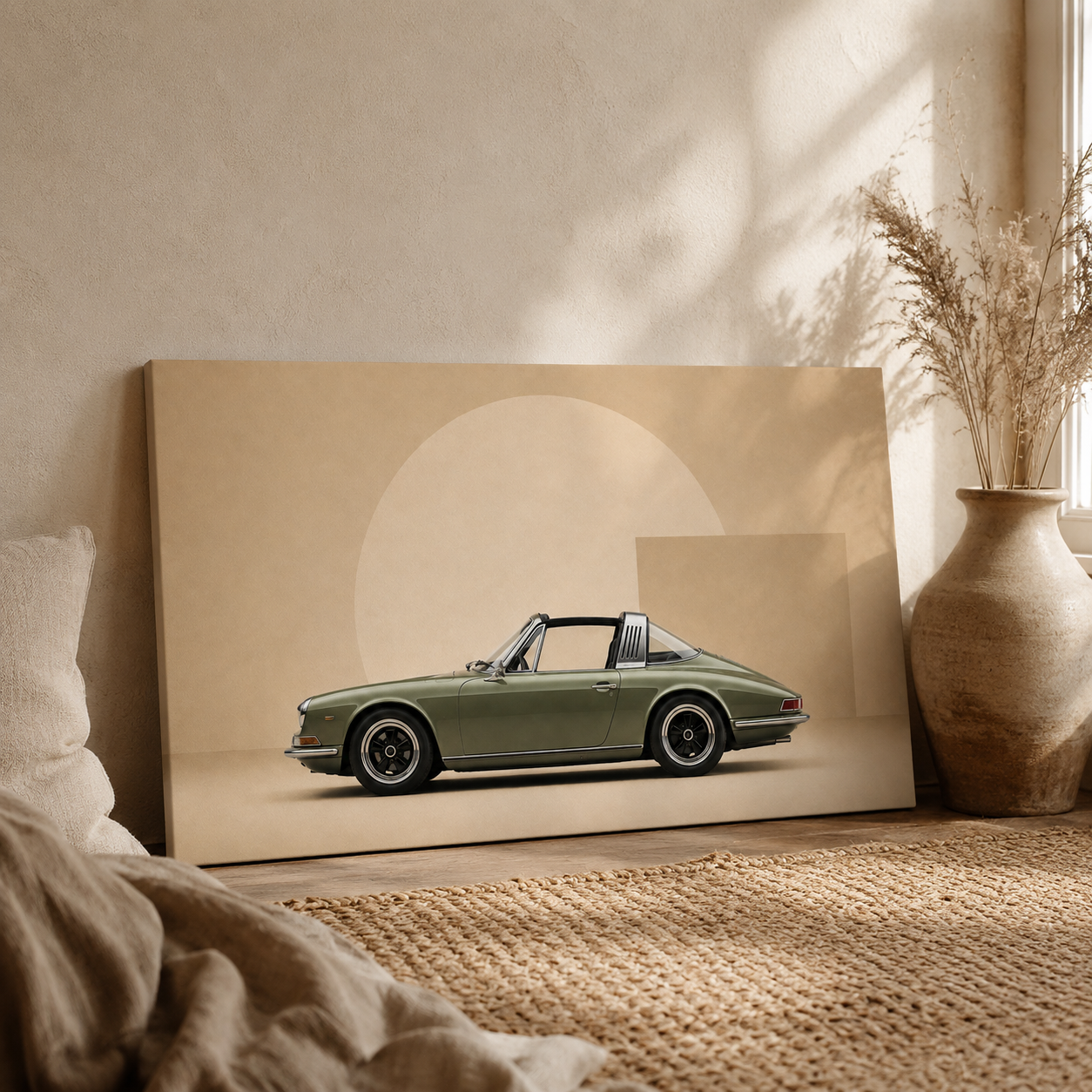 Olive Arc geometric targa sports car canvas leaning against a wall in a warm neutral interior