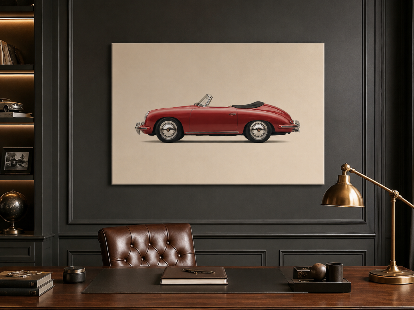 Crimson Roadster classic car wall art in a dark sophisticated executive home office
