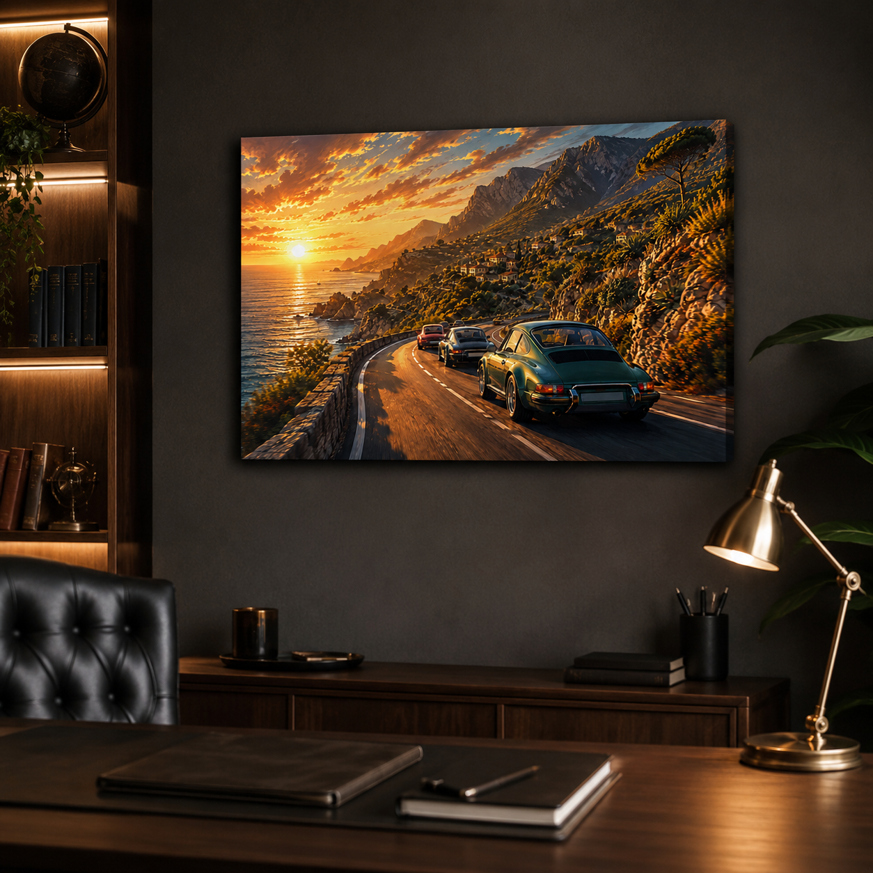 Golden Coast Run classic car convoy canvas displayed in a dark modern home office
