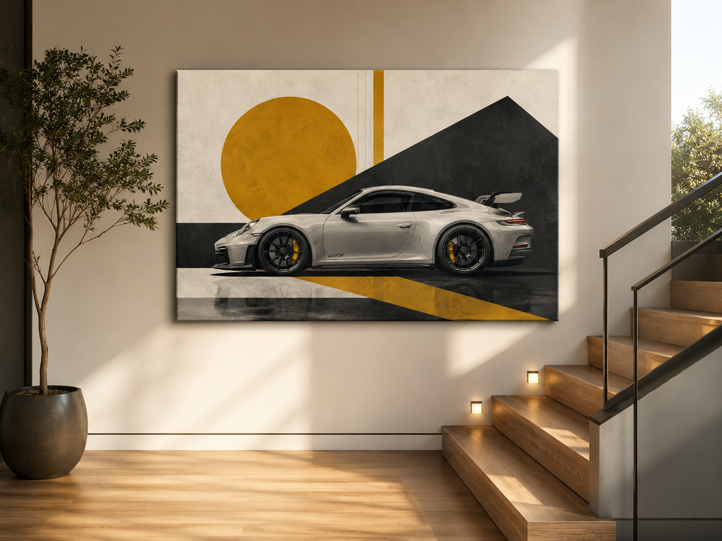 Golden Apex geometric automotive wall art displayed beside a modern staircase
