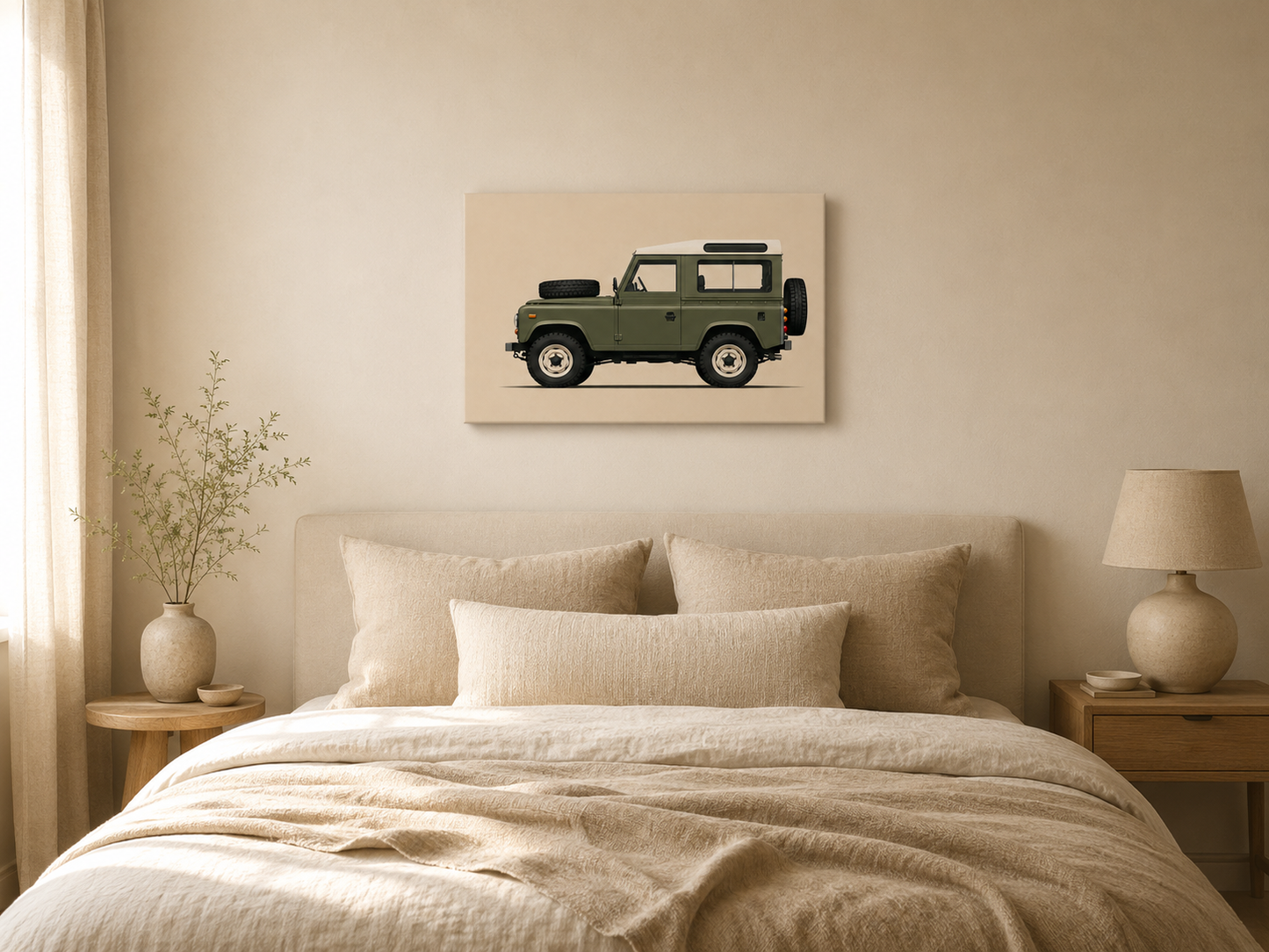 Minimalist olive green vintage 4x4 canvas above a bed in a warm neutral bedroom