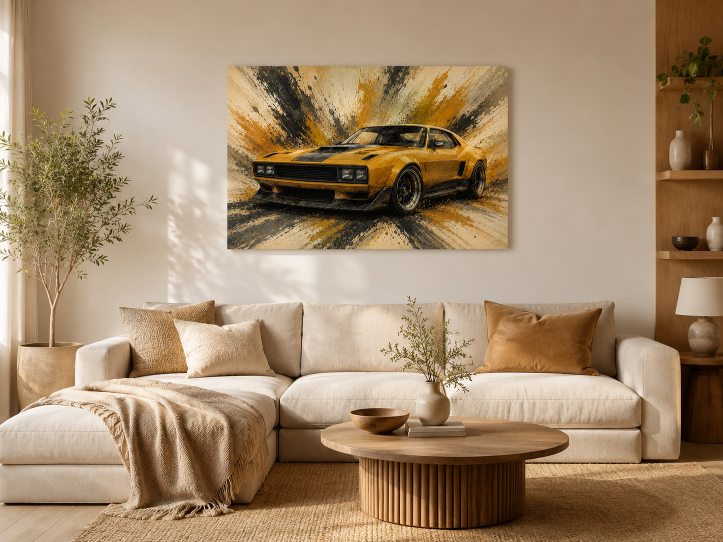 Mustard Motion illustrated muscle car canvas displayed in a warm neutral living room