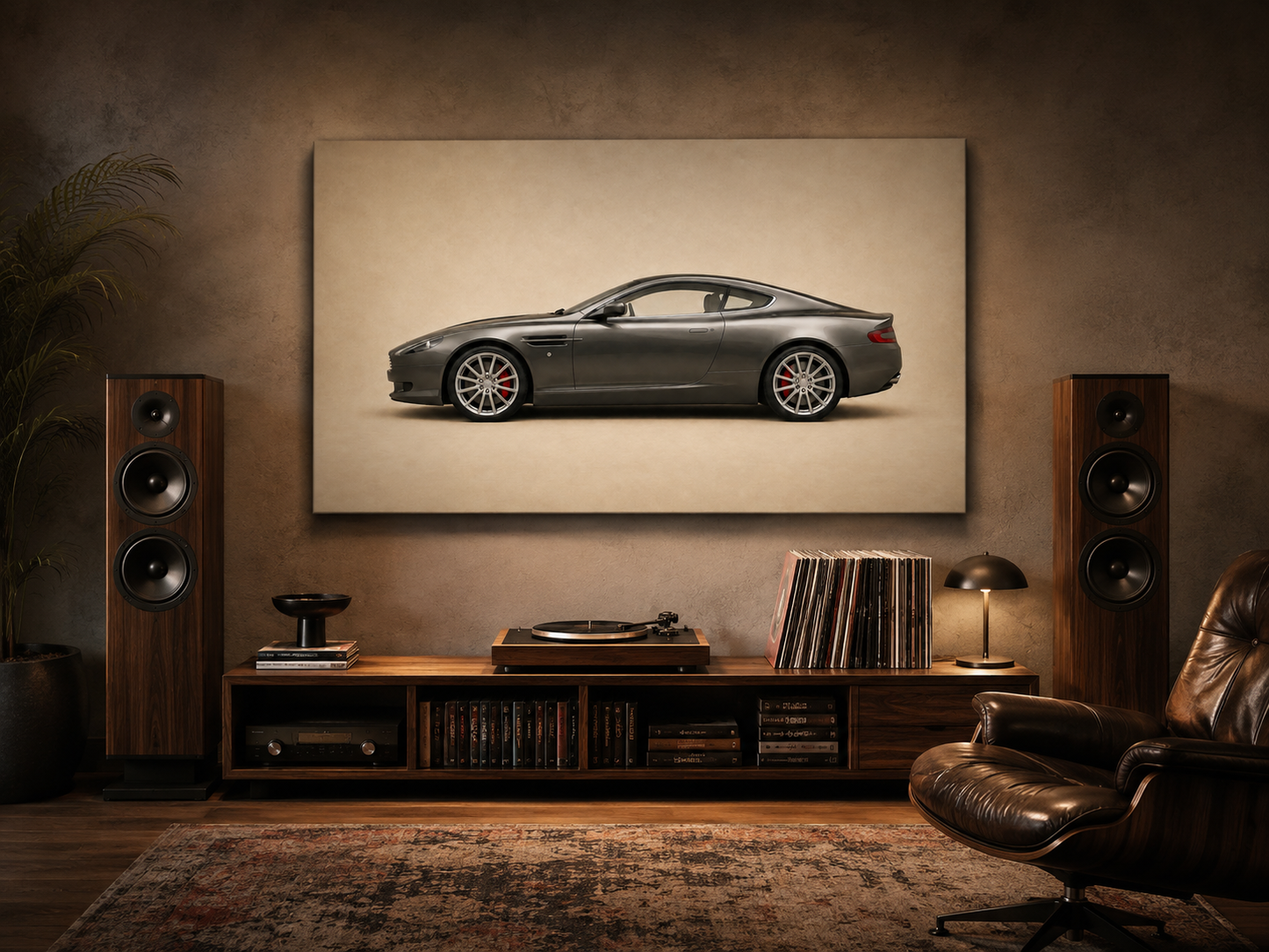 Graphite Grand Tour sports coupe canvas displayed in a premium home listening room
