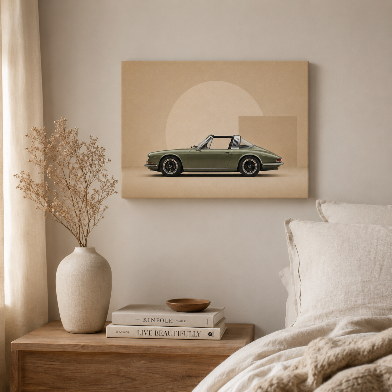 Olive Arc geometric automotive canvas displayed in a calm neutral bedroom