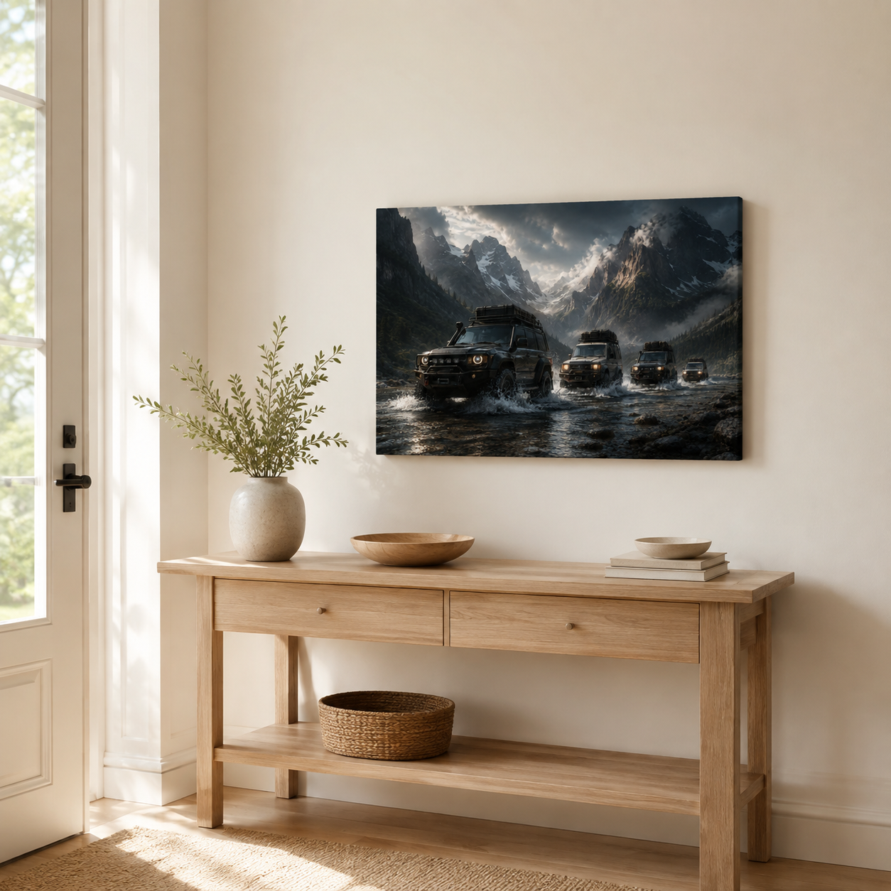 Small Alpine Passage 4x4 convoy canvas displayed above a light wood entryway table