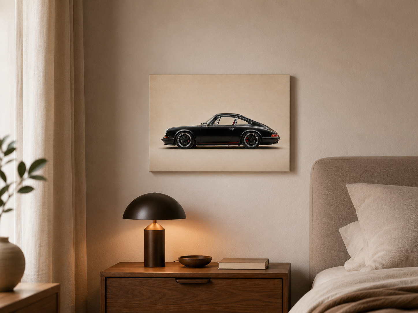 Minimalist car canvas displayed in a warm neutral bedroom