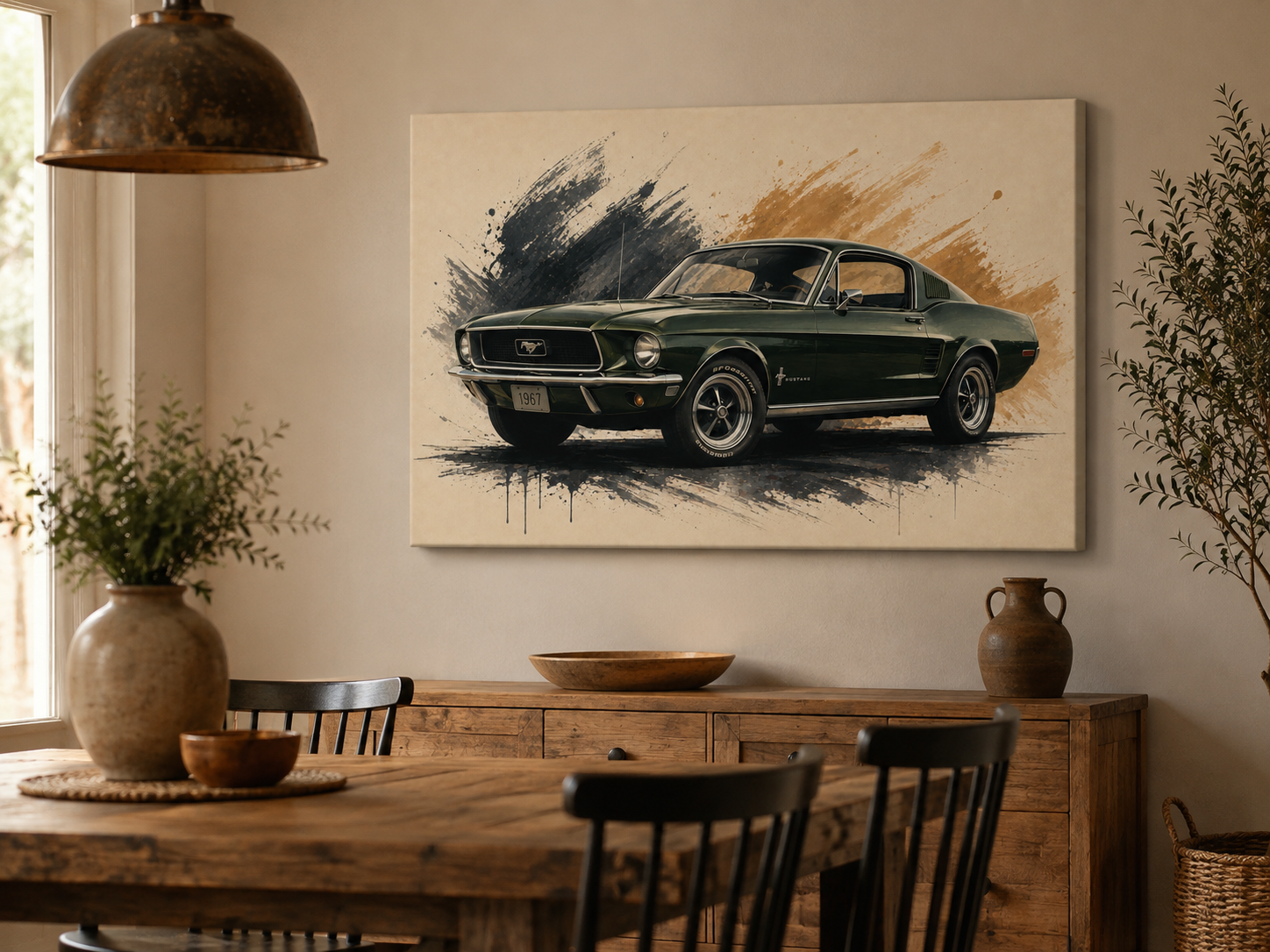 Hunter Fastback classic fastback canvas wall art in a rustic contemporary dining room