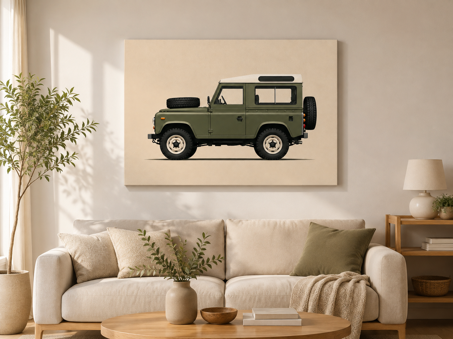 Minimalist vintage 4x4 canvas displayed above a neutral sofa in a bright contemporary living room