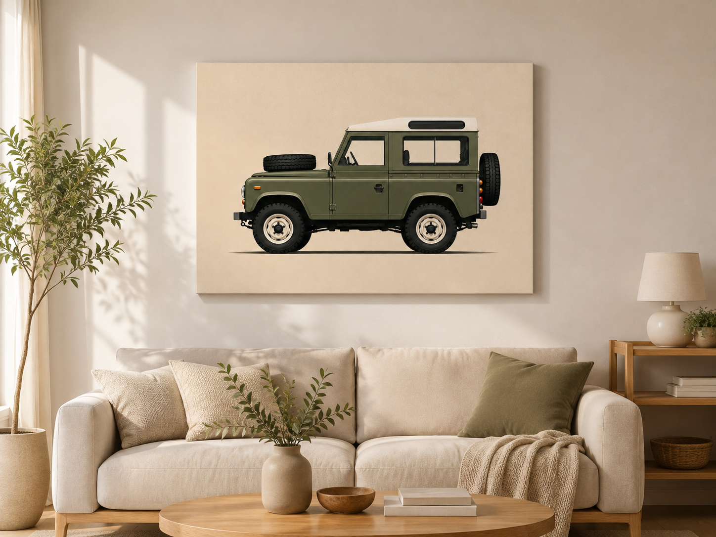 Minimalist vintage 4x4 canvas displayed above a neutral sofa in a bright contemporary living room