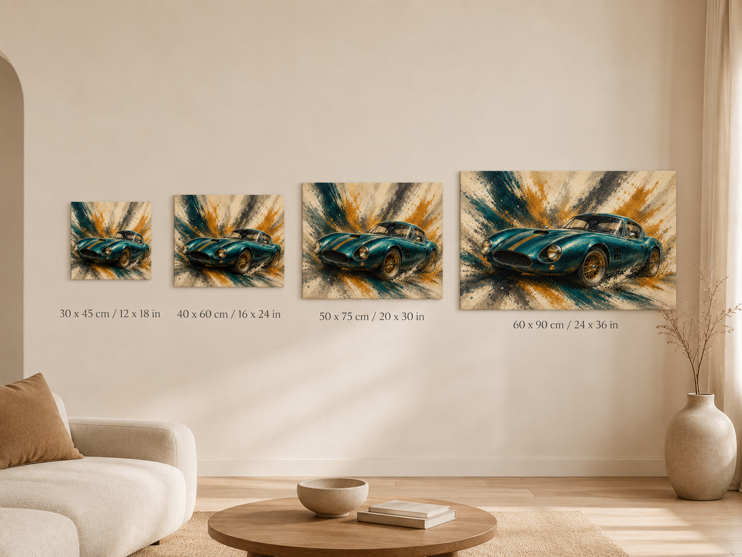 Teal Velocity canvas size comparison in 30x45 40x60 50x75 and 60x90 cm