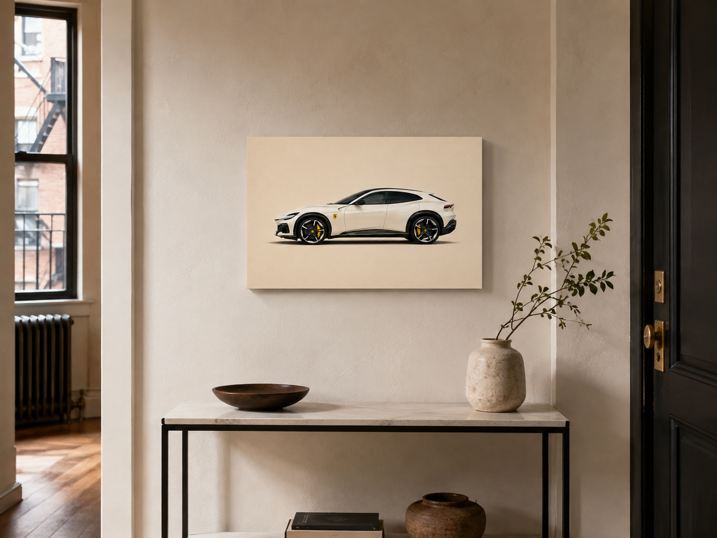 Ivory V12 white SUV canvas wall art displayed above a console table in a modern apartment